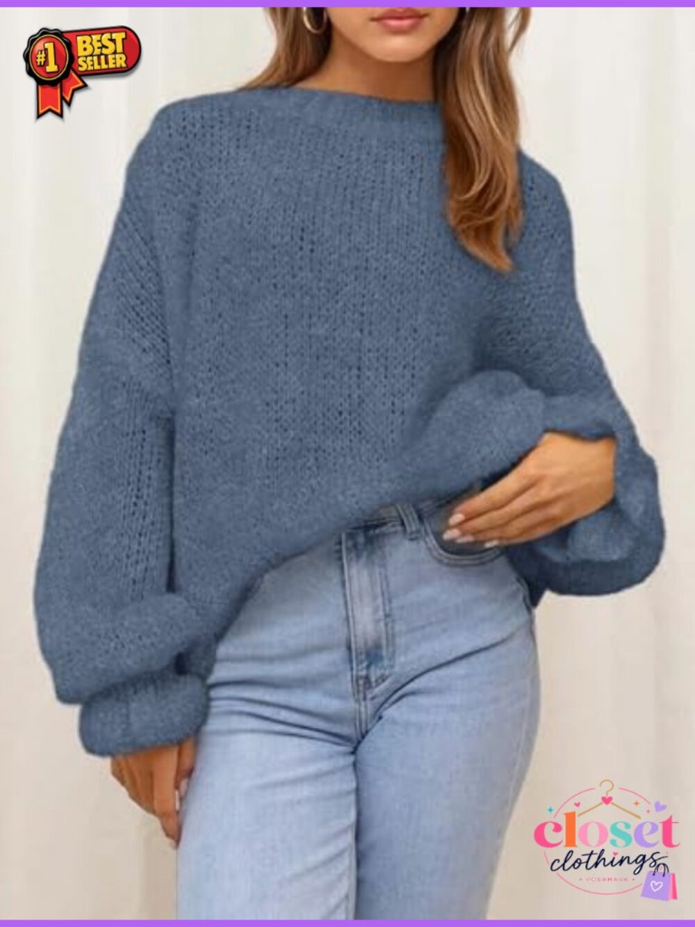 Oversized Chunky Knit Sweater Crew Neck Lantern Sleeve Ruffle Cuff - Picture 5 of 6
